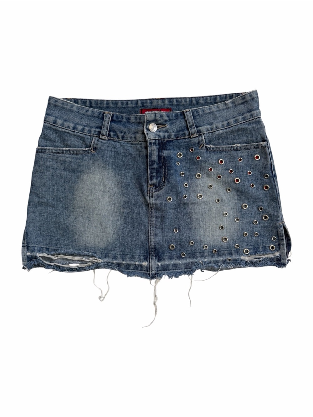 Y2K Distressed Mini Denim Skirt With Metal Eyelets